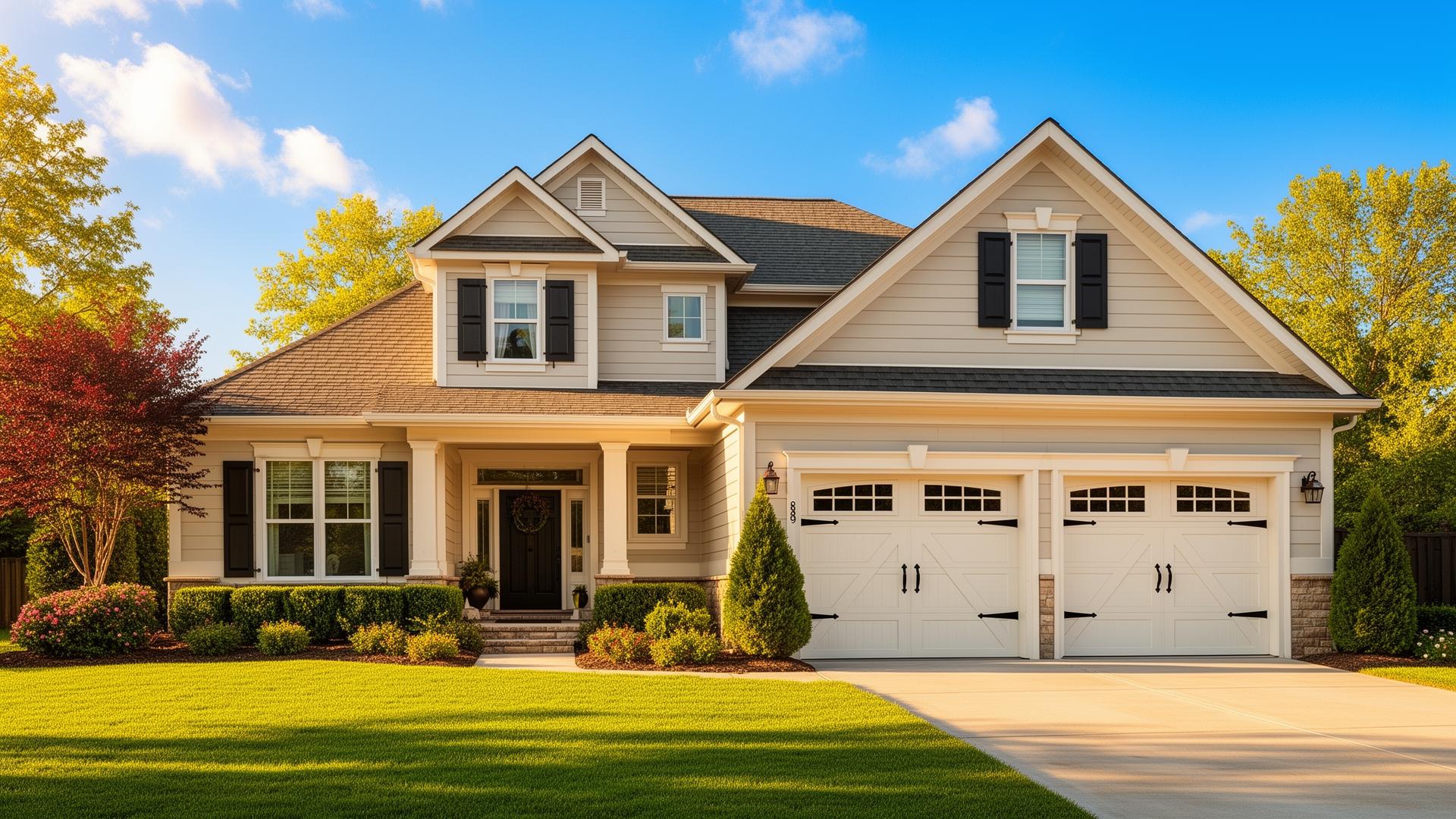 Beautiful two-story home with classic carriage house garage doors featuring decorative black iron hardware